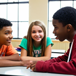 **A diverse group of teenagers gathered around a table in a brightly lit youth center, engaged in a lively discussion. A friendly youth counselor is actively listening, with a warm and empathetic expression. The scene emphasizes connection, support, and positive youth development.**