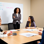 ** A dynamic photo showcasing a career coach (formerly an adolescent counselor) leading a leadership workshop. The coach is engaging with a diverse group of professionals in a modern office setting. Include elements suggesting growth, collaboration, and effective communication. Focus on a motivational atmosphere.

**