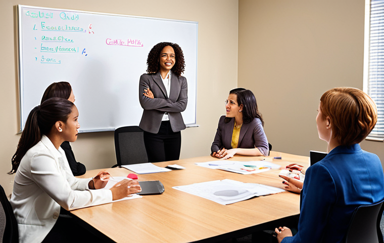 ** A dynamic photo showcasing a career coach (formerly an adolescent counselor) leading a leadership workshop. The coach is engaging with a diverse group of professionals in a modern office setting. Include elements suggesting growth, collaboration, and effective communication. Focus on a motivational atmosphere.
**