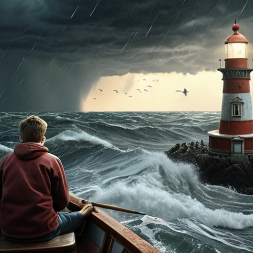 Home 23 **Teenager navigating a stormy sea in a small boat, with a lighthouse representing the counselor shining in the distance. Focus on the emotional turbulence and the beacon of hope.**
