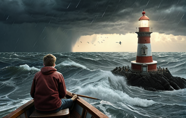 **Teenager navigating a stormy sea in a small boat, with a lighthouse representing the counselor shining in the distance. Focus on the emotional turbulence and the beacon of hope.**