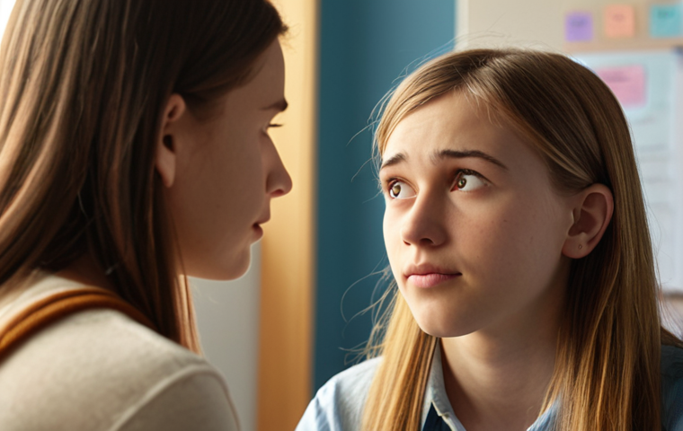 **

A close-up, empathetic counselor listening attentively to a teenage girl in a sunlit office. Soft, warm lighting, emphasizing the counselor's caring expression and the girl's vulnerability. Background slightly blurred, suggesting a safe and confidential space. Focus on non-verbal communication, illustrating active listening and trust. Consider adding elements symbolizing overcoming communication barriers like interconnected puzzle pieces.

**