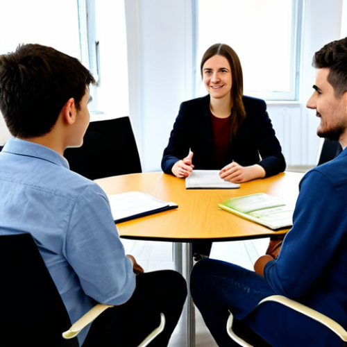 Home 9 A professional, empathetic Youth Counsellor, fully clothed in modest business casual attire, is seated at a round table in a bright, modern community youth center in Italy. The counsellor is actively listening to a young person, whose back is to the viewer, demonstrating guidance and practical support. The setting is welcoming and family-friendly, with comfortable chairs and soft lighting. Perfect anatomy, natural pose, correct proportions, well-formed hands, proper finger count. Professional photography, high quality, safe for work, appropriate content.