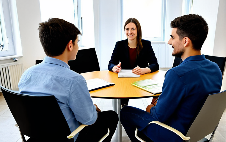 A professional, empathetic Youth Counsellor, fully clothed in modest business casual attire, is seated at a round table in a bright, modern community youth center in Italy. The counsellor is actively listening to a young person, whose back is to the viewer, demonstrating guidance and practical support. The setting is welcoming and family-friendly, with comfortable chairs and soft lighting. Perfect anatomy, natural pose, correct proportions, well-formed hands, proper finger count. Professional photography, high quality, safe for work, appropriate content.