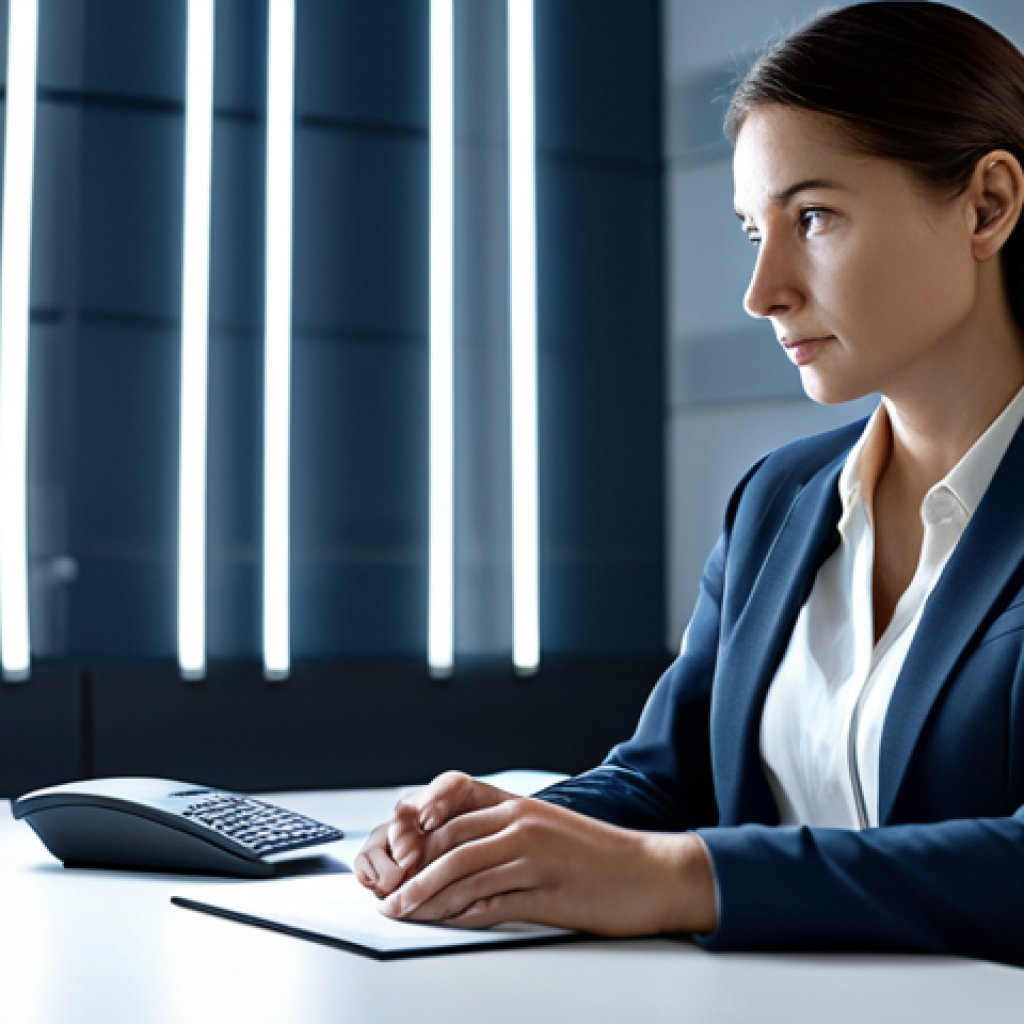 A professional female consultant, fully clothed in a modest business suit, sitting thoughtfully at a modern desk in a serene office. Her expression is calm, empathetic, and deeply reflective. Subtle, abstract light trails representing data flow blend into the clean office background, symbolizing the complex digital challenges and ethical dilemmas she navigates. Soft, professional ambient lighting. safe for work, appropriate content, fully clothed, professional, perfect anatomy, correct proportions, well-formed hands, natural pose, high quality.