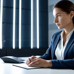 A professional female consultant, fully clothed in a modest business suit, sitting thoughtfully at a modern desk in a serene office. Her expression is calm, empathetic, and deeply reflective. Subtle, abstract light trails representing data flow blend into the clean office background, symbolizing the complex digital challenges and ethical dilemmas she navigates. Soft, professional ambient lighting. safe for work, appropriate content, fully clothed, professional, perfect anatomy, correct proportions, well-formed hands, natural pose, high quality.