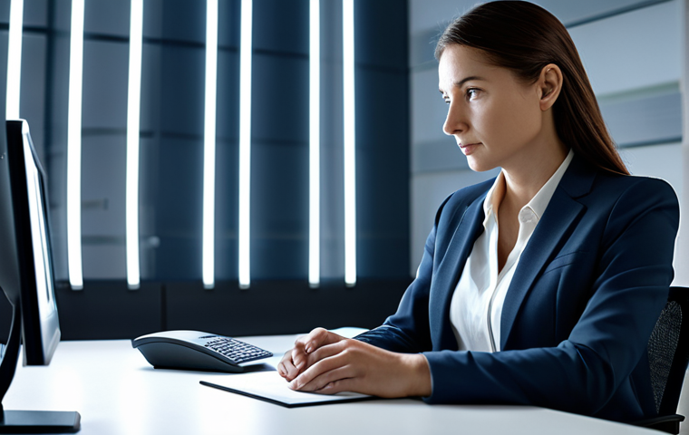 A professional female consultant, fully clothed in a modest business suit, sitting thoughtfully at a modern desk in a serene office. Her expression is calm, empathetic, and deeply reflective. Subtle, abstract light trails representing data flow blend into the clean office background, symbolizing the complex digital challenges and ethical dilemmas she navigates. Soft, professional ambient lighting. safe for work, appropriate content, fully clothed, professional, perfect anatomy, correct proportions, well-formed hands, natural pose, high quality.