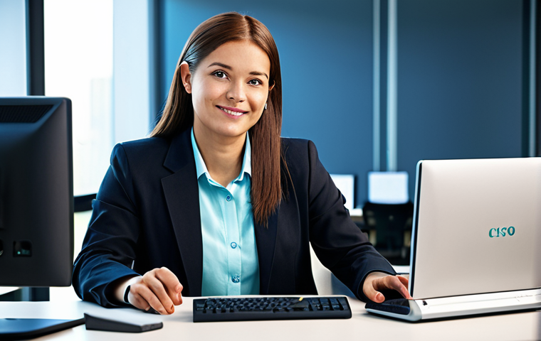 **

A professional IT worker in a modern office, fully clothed in appropriate business attire, showcasing a Cisco networking certification on their desk. Background should include computer equipment and networking cables. Focus on competence and professionalism. Safe for work, perfect anatomy, natural pose, high quality.

**