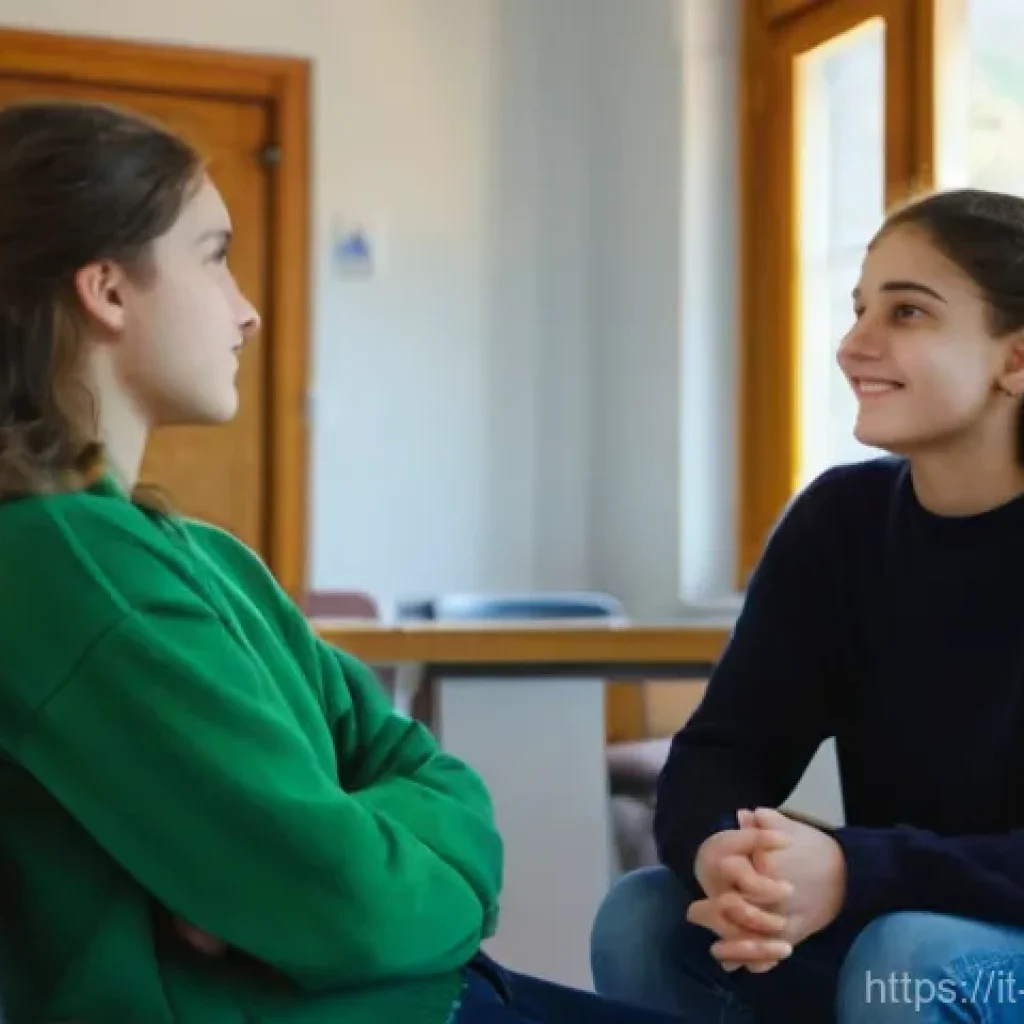 청소년상담사와 청소년 문제 상담의 차이 - A thoughtful Italian teenage girl, around 16 years old, sits comfortably across from a kind, middle-...