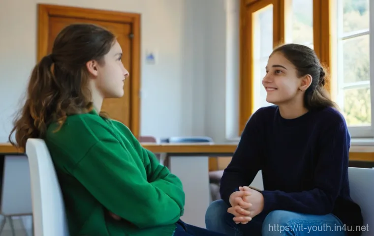 청소년상담사와 청소년 문제 상담의 차이 - A thoughtful Italian teenage girl, around 16 years old, sits comfortably across from a kind, middle-...