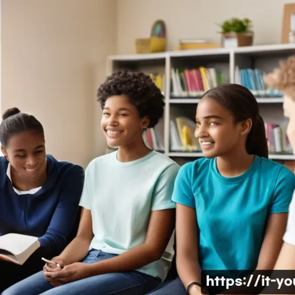 청소년상담사 업무 환경과 도전 과제 - **Prompt:** A diverse group of four teenagers, aged 14-17, are seated comfortably in a modern, welco...