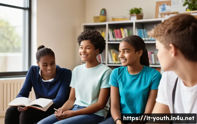 청소년상담사 업무 환경과 도전 과제 - **Prompt:** A diverse group of four teenagers, aged 14-17, are seated comfortably in a modern, welco...