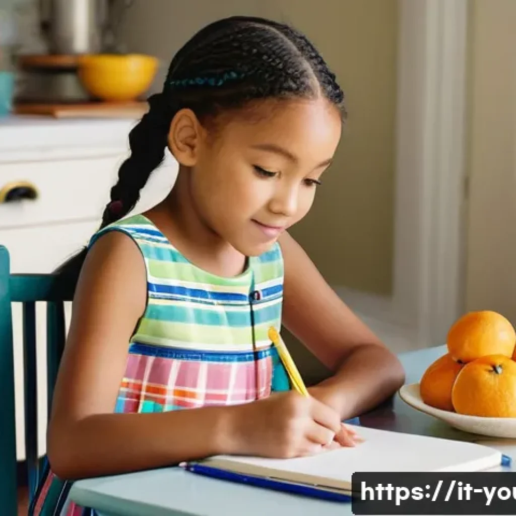 청소년상담사와 정신건강 상담의 역할 비교 - **Prompt:** A young girl, around 7 years old, sitting at a brightly colored table in a sunlit kitche...