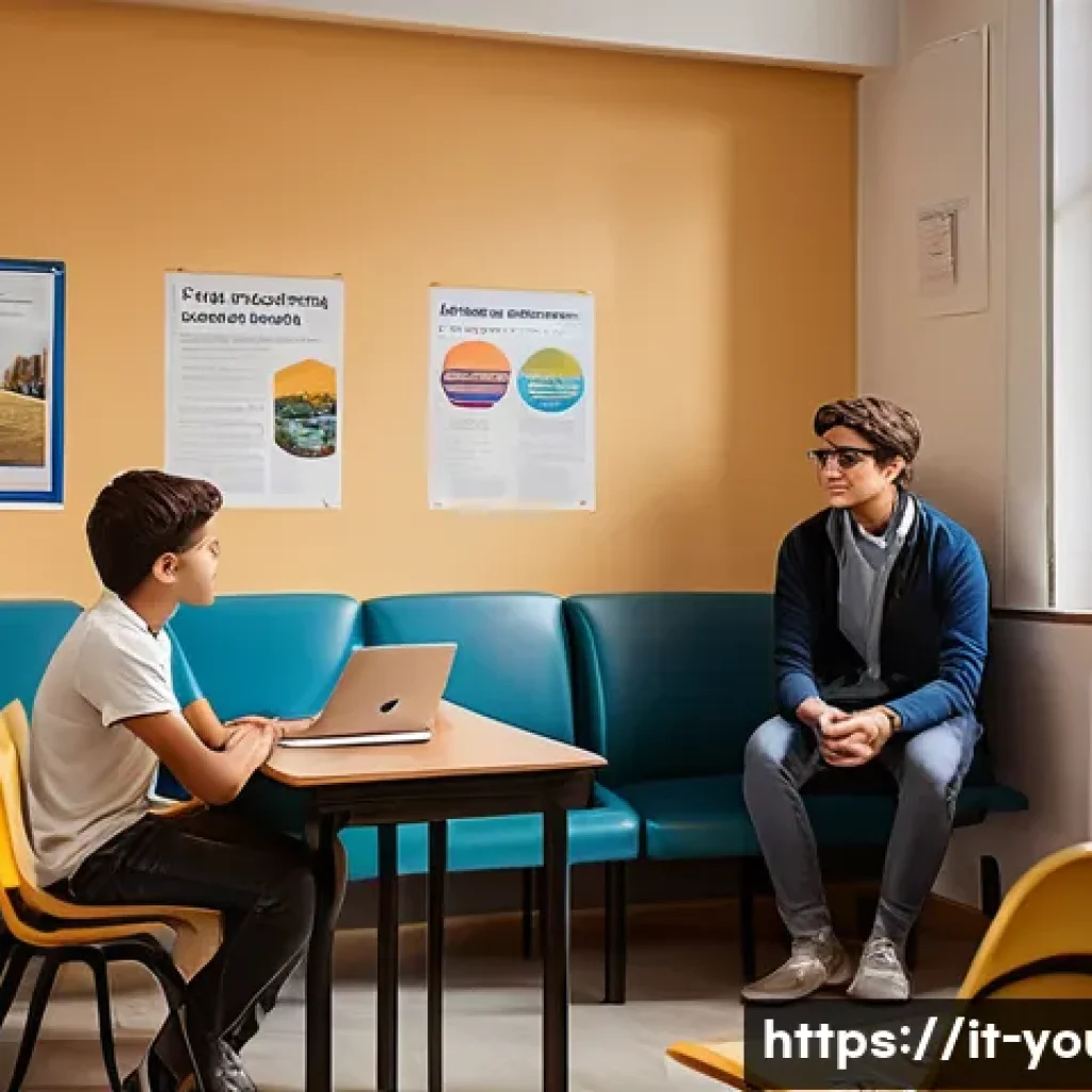 청소년상담사 직업적 안정성과 성장 가능성 - A warm and inviting counseling room inside an Italian high school, showing a professional adolescent...