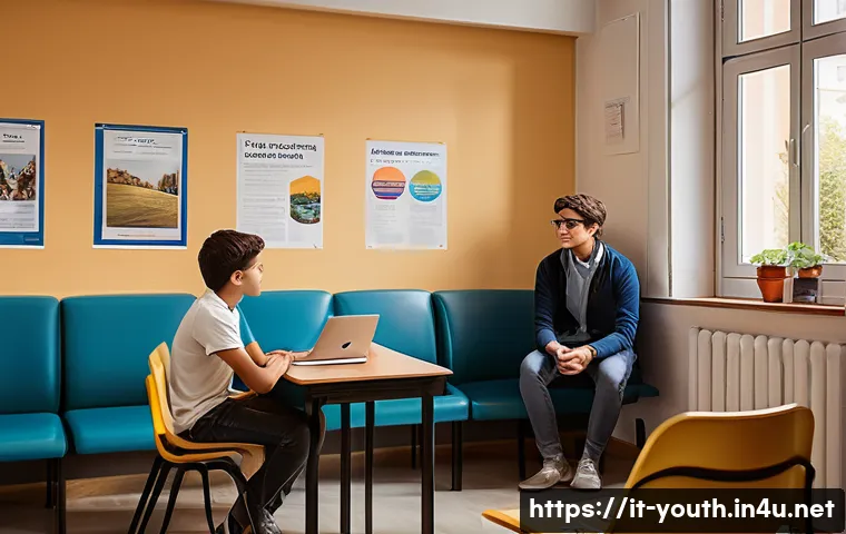 청소년상담사 직업적 안정성과 성장 가능성 - A warm and inviting counseling room inside an Italian high school, showing a professional adolescent...