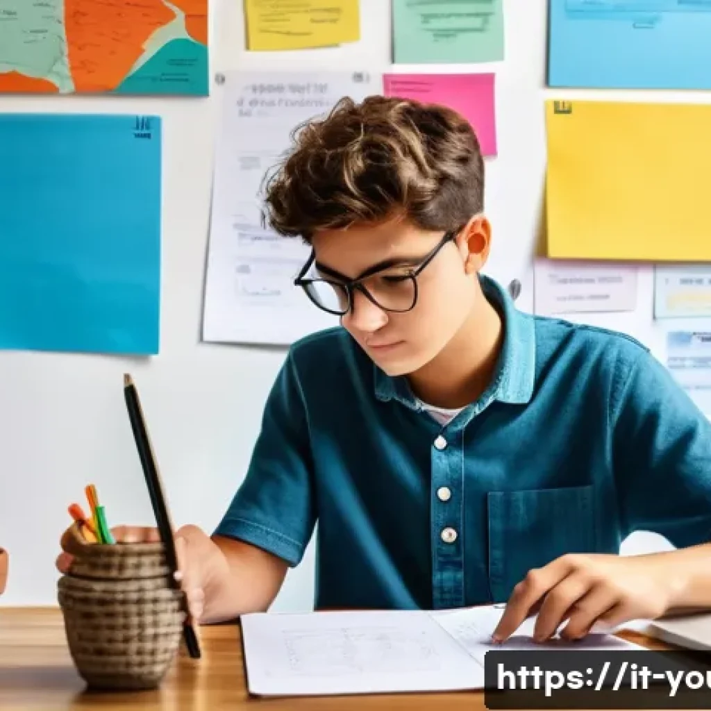 청소년상담사 시험 대비 실전 팁 - A focused young Italian student sitting at a tidy wooden desk in a bright, modern room decorated wit...