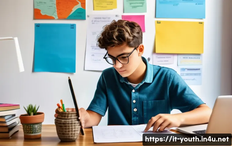 청소년상담사 시험 대비 실전 팁 - A focused young Italian student sitting at a tidy wooden desk in a bright, modern room decorated wit...