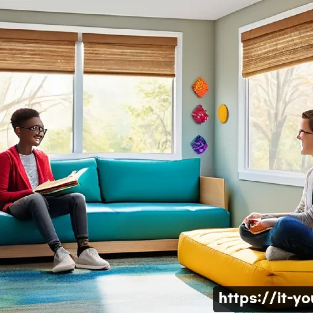 청소년상담사와 정신건강 전문가의 차이 - A warm, inviting therapy room designed for adolescents, featuring comfortable seating with soft cush...