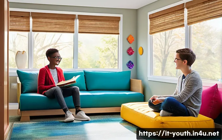 청소년상담사와 정신건강 전문가의 차이 - A warm, inviting therapy room designed for adolescents, featuring comfortable seating with soft cush...