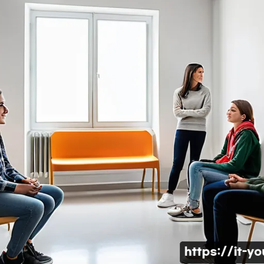 청소년상담사 실습보고서 작성법 - A warm, inviting counseling room in a modern Italian high school setting, showing a diverse group of...