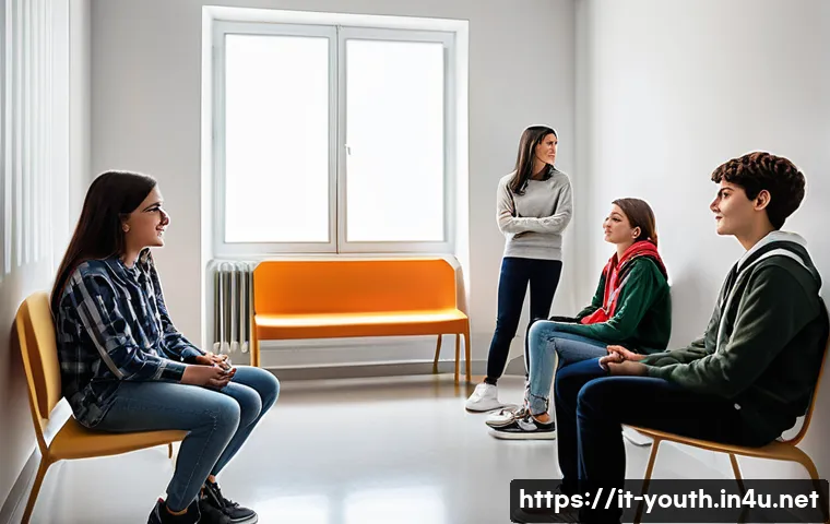 청소년상담사 실습보고서 작성법 - A warm, inviting counseling room in a modern Italian high school setting, showing a diverse group of...