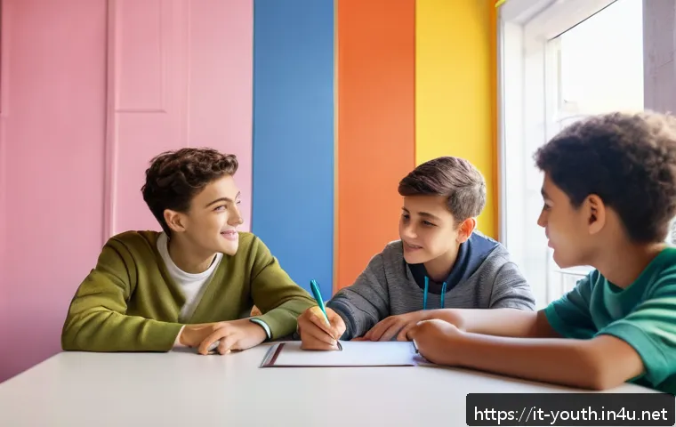청소년상담사로서 청소년 지원 프로젝트 사례 - A modern youth counseling session in an Italian community center: a diverse group of teenagers seate...