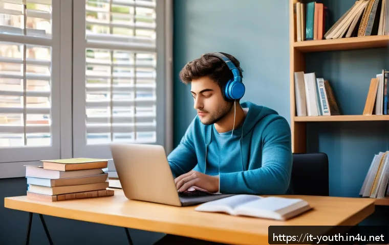 청소년상담사 시험 후기와 피드백 - A focused young adult studying at a modern desk in a bright, cozy room in Italy, early morning light...