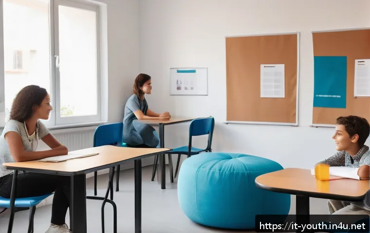 청소년상담사 자격증 취득 후 전망 - A warm and inviting counseling room in a modern Italian school setting, featuring a diverse group of...