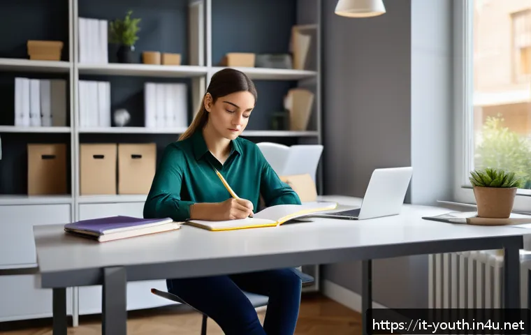 청소년상담사 실습에서의 사례 기록법 - A young professional woman in a cozy modern office, diligently writing in a detailed internship jour...