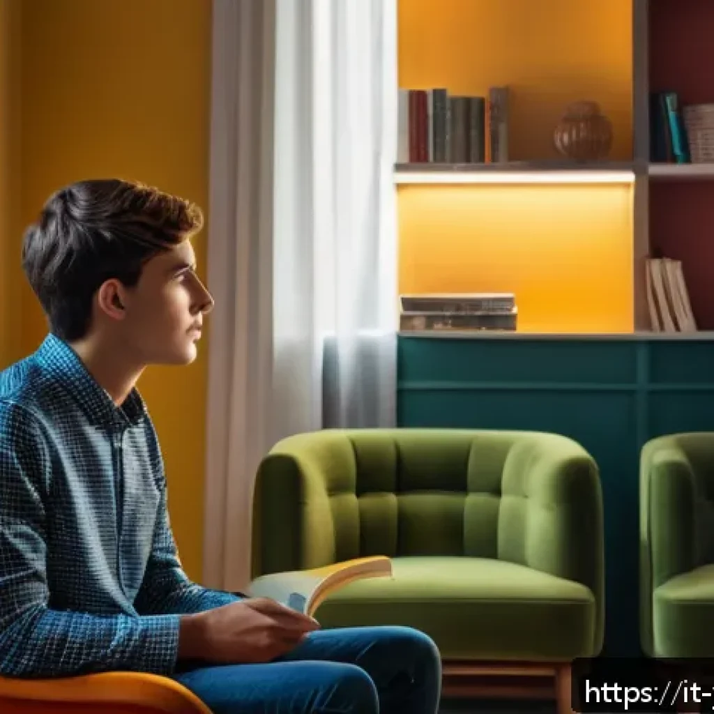 청소년상담사로서 청소년 이해하기 - A warm, softly lit counseling room in a modern Italian setting, featuring a teenage boy sitting quie...
