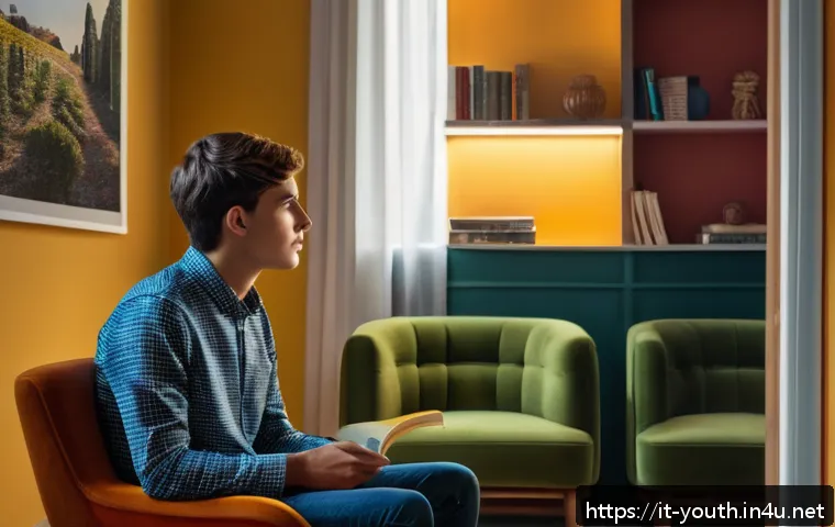 청소년상담사로서 청소년 이해하기 - A warm, softly lit counseling room in a modern Italian setting, featuring a teenage boy sitting quie...