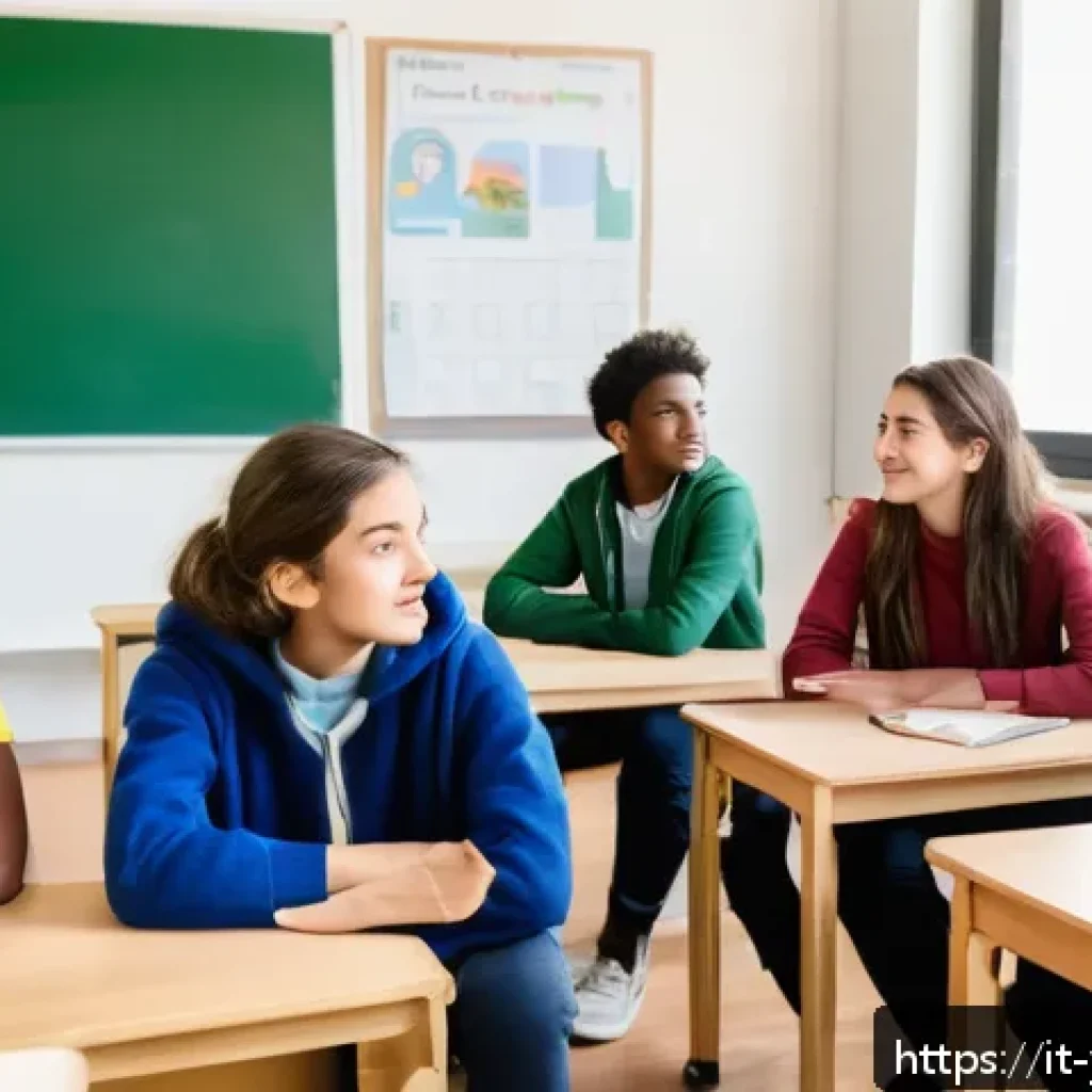 청소년상담사와 청소년 문제 행동 치료 - A diverse group of Italian teenagers sitting in a cozy, bright classroom designed for emotional lear...
