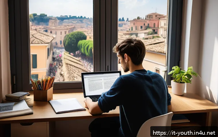 청소년상담사 시험 준비에 도움이 되는 자료 - A focused young adult studying at a cozy desk in a modern Italian apartment, surrounded by textbooks...