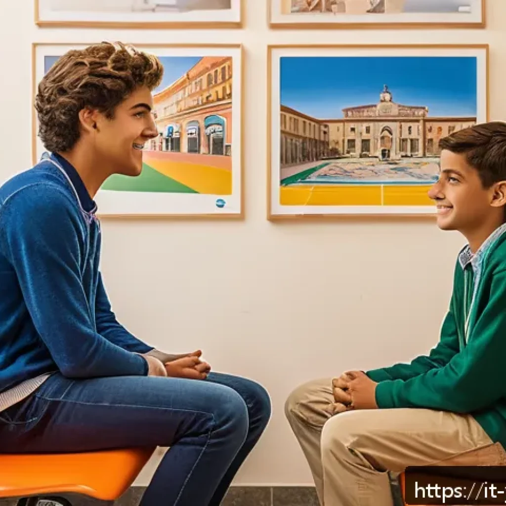 청소년상담사 실무에서 자주 사용하는 기술 - A warm, inviting counseling room in an Italian high school setting, featuring a young adolescent boy...