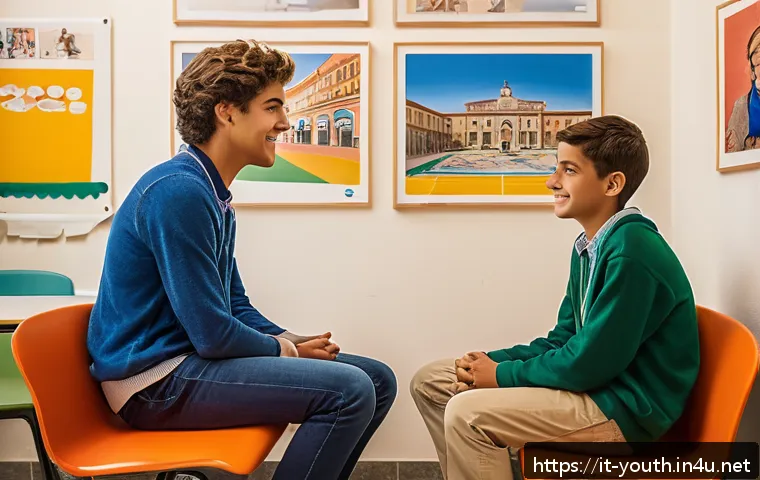 청소년상담사 실무에서 자주 사용하는 기술 - A warm, inviting counseling room in an Italian high school setting, featuring a young adolescent boy...