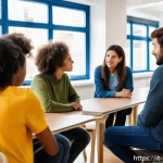 청소년상담사 자격증 취득 후 직무 교육 - A professional educational counselor engaging in an empathetic conversation with a diverse group of ...