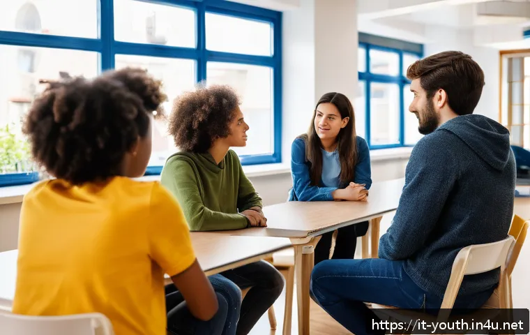 청소년상담사 자격증 취득 후 직무 교육 - A professional educational counselor engaging in an empathetic conversation with a diverse group of ...